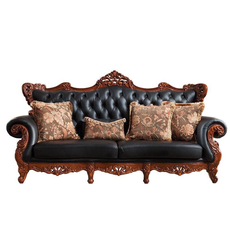 Furniture First Layer Cowhide Solid Wood Sofa American Retro Living Room Black Leather Sofa Combination Bedroom Furniture