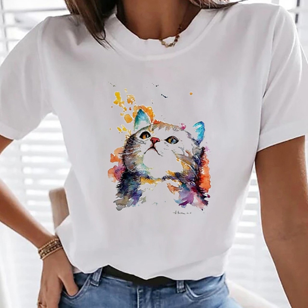 25# Summer Women T-shirt Cute Cat Printed Tshirts Casual Tops Tee Harajuku 90s Vintage White Tshirt Female Clothing Camisas