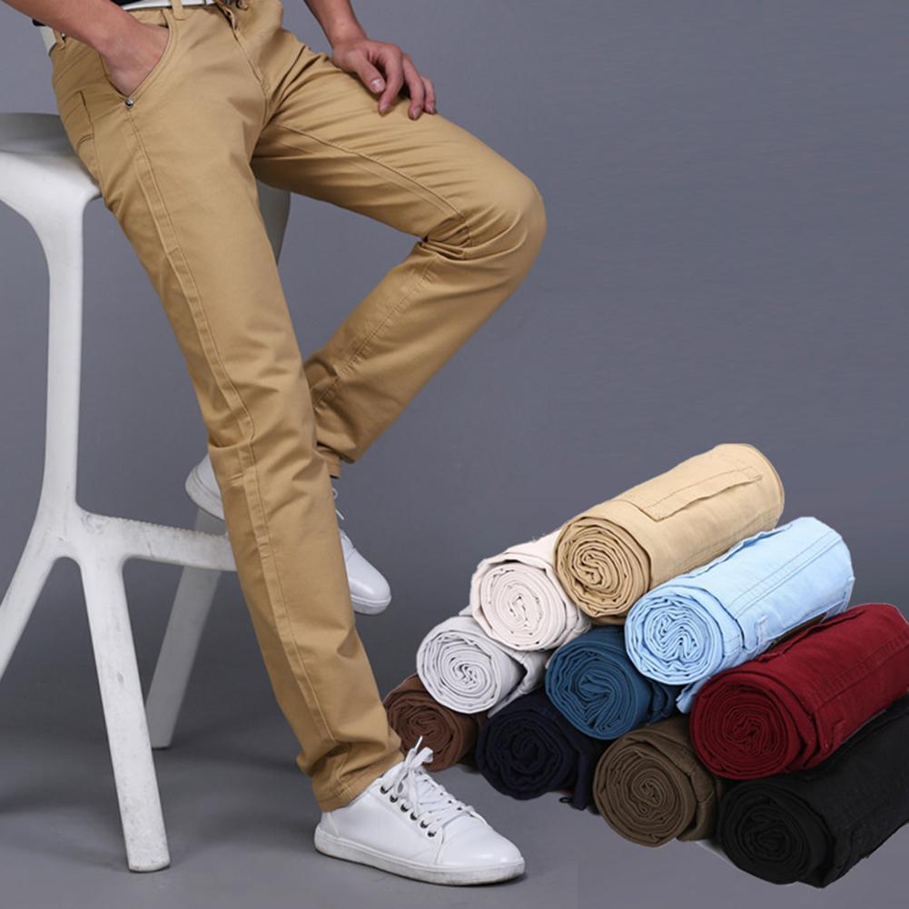 Men Solid Color Button Cotton Straight Long Pants Pockets Business Trousers Cotton Elastic Straigh Jeans Trousers