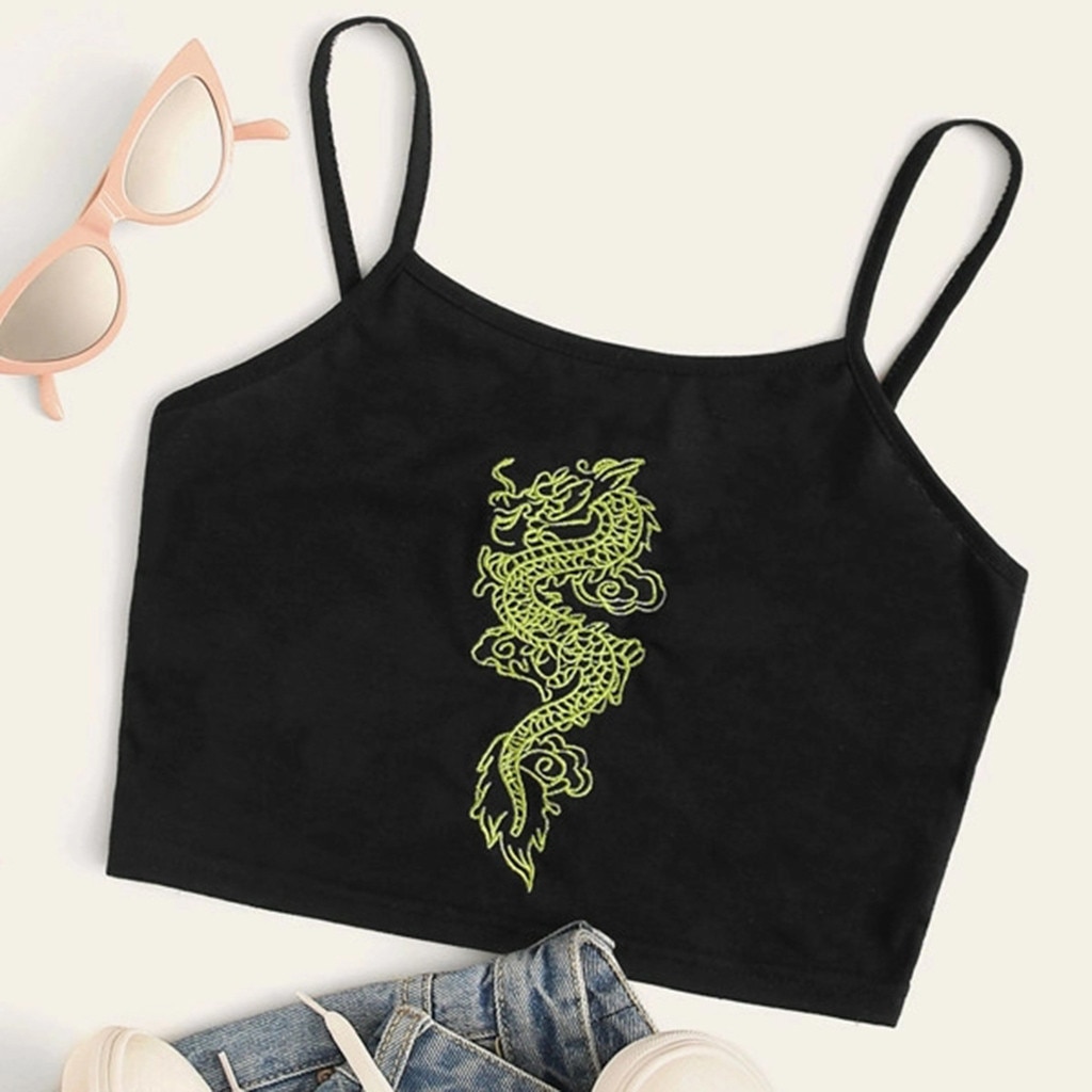 25# Women Sexy Sleeveless Tshirts Dragon Print Slim Fit Crop Top Round Neck Camis Tank Top Tee Summer Casual Streetwear