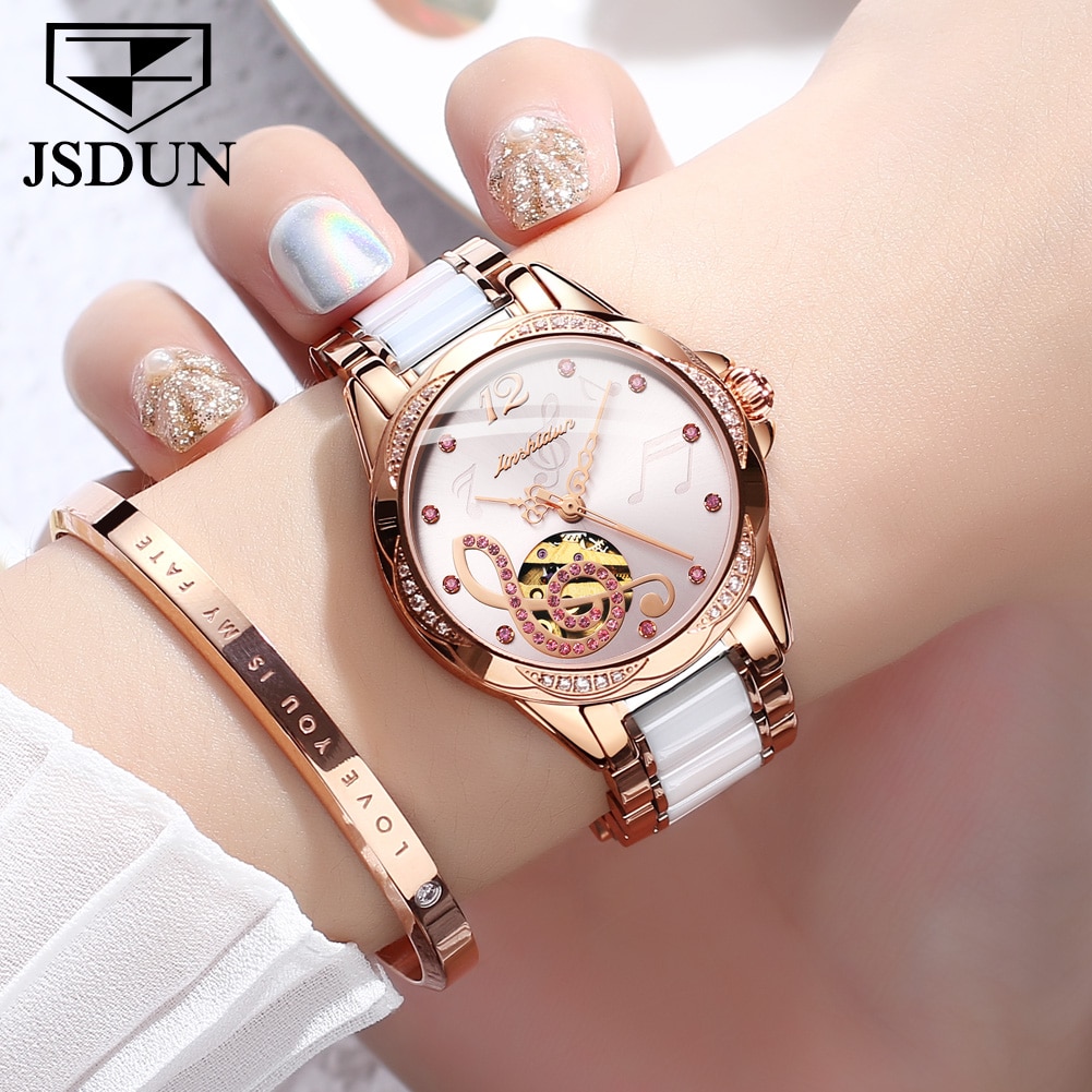 JSDUN Automatic Mechanical Watches Women Luxury Ceramics Sapphire Business Bracelet Ladies Watch Waterproof Diamond Wristwatch