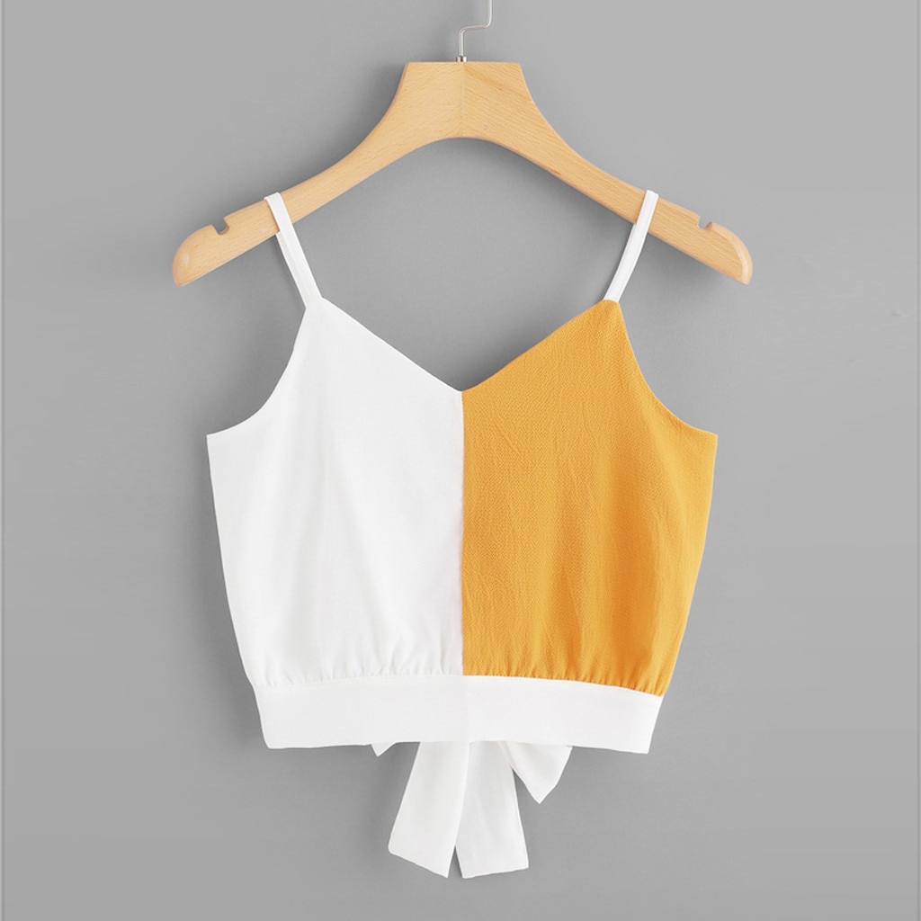 Women Casual Cropped Tops Camisole Summer Sexy Patchwork Sleeveless V-Neck Back Tie Block Color Camisole Top Tee mujer camisetas