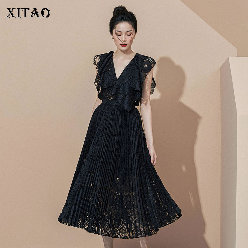 XITAO Spring New Lace Jacquard Skirt Set Fashion Trendy V-neck Collar Irregular Splicing Solid Color Simplicity All-match ZY5574