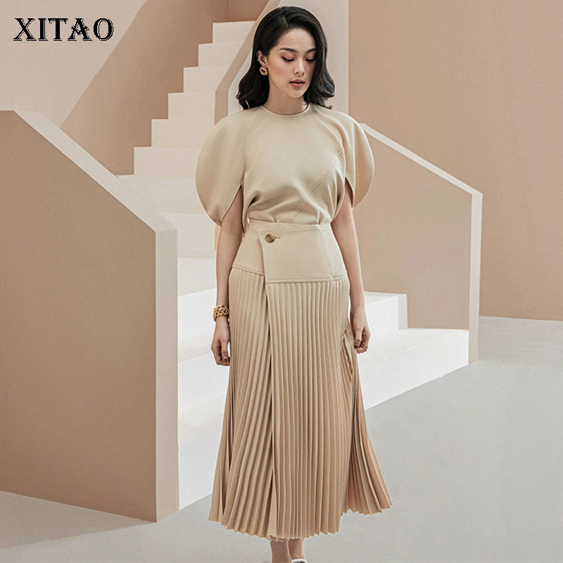 XITAO Irregular Pleated Plus Size Clothing 2 Piece Set Women Fashion Pullover Puff Sleeve Match All Personality Clothes ZY5575