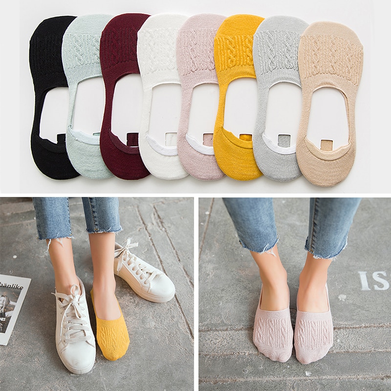 5 Pairs Cotton Women Socks Solid Snowflake Softable funny Socks Women Summer Solid deep mouth prevent heel loss Slipper Socks