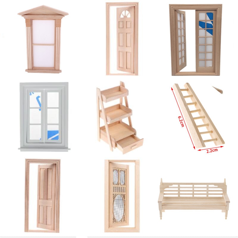 Multi Styles 1/12 Dollhouse Miniature Wood External Single Door Wooden Window Frame DIY Accessories Doll House Furniture Toys