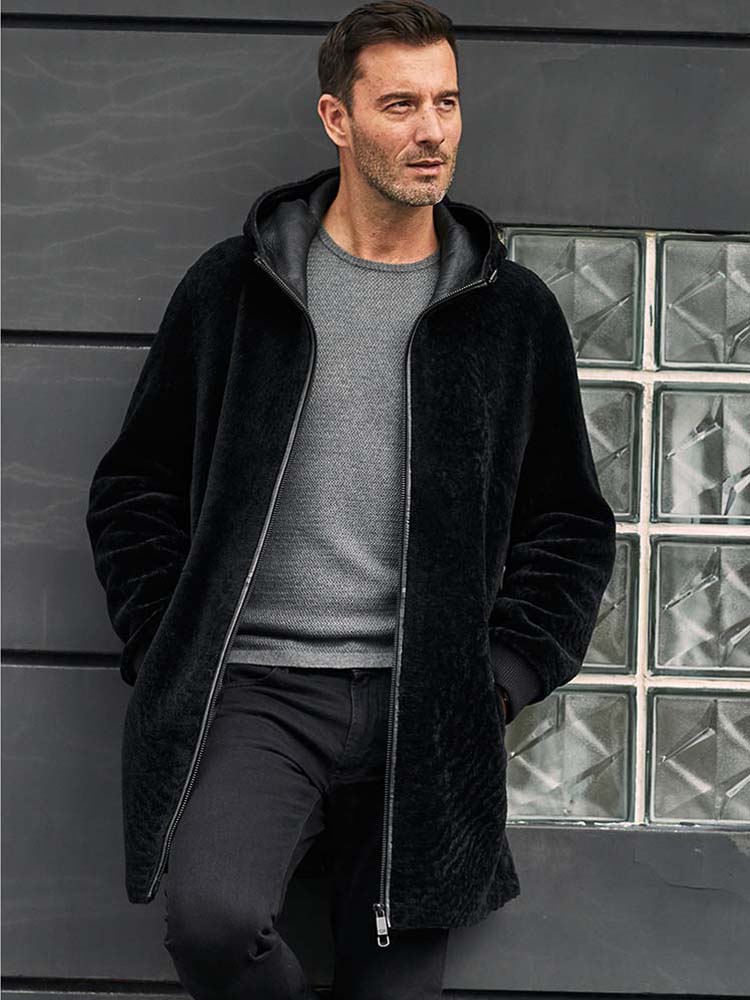 New Mens Shearling Coat Long Fur Outerwear Black Leather Jacket Winter Wool Overcoat