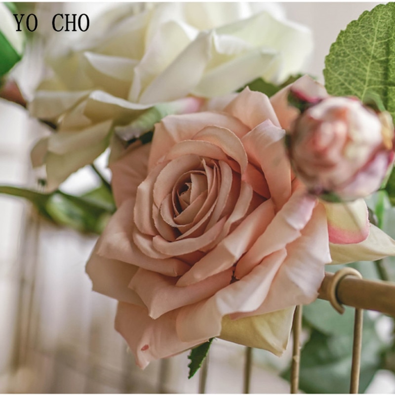 YO CHO Large Retro Rose Artificial Silk Flowers White Silk Rose Big Fake Flowers Branch Wedding Home Decor Living Room Christmas