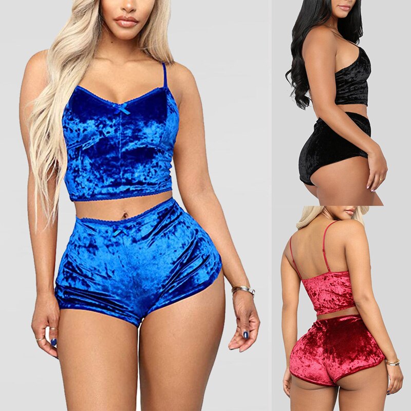 Fashion Women 2pcs Velvet Sleepwear Sexy Spaghetti Strap Velvet Shorts Pajama Set Ladies Sleepwear female Pajama Party Set