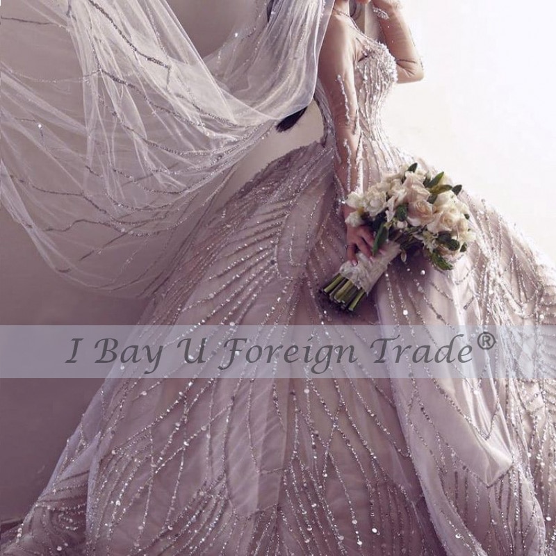 3.5m Long Veil 2021 Puffy Princess Luxury Wedding Dress with Full Beading Long Sleeve Shiny Wedding Gowns robe mariage femme