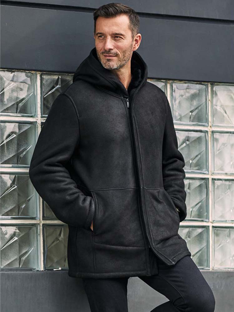 New Mens Shearling Jacket Long Winter Coat Black Leather Overcoat Hooded Wool Parkas Fur Outwear