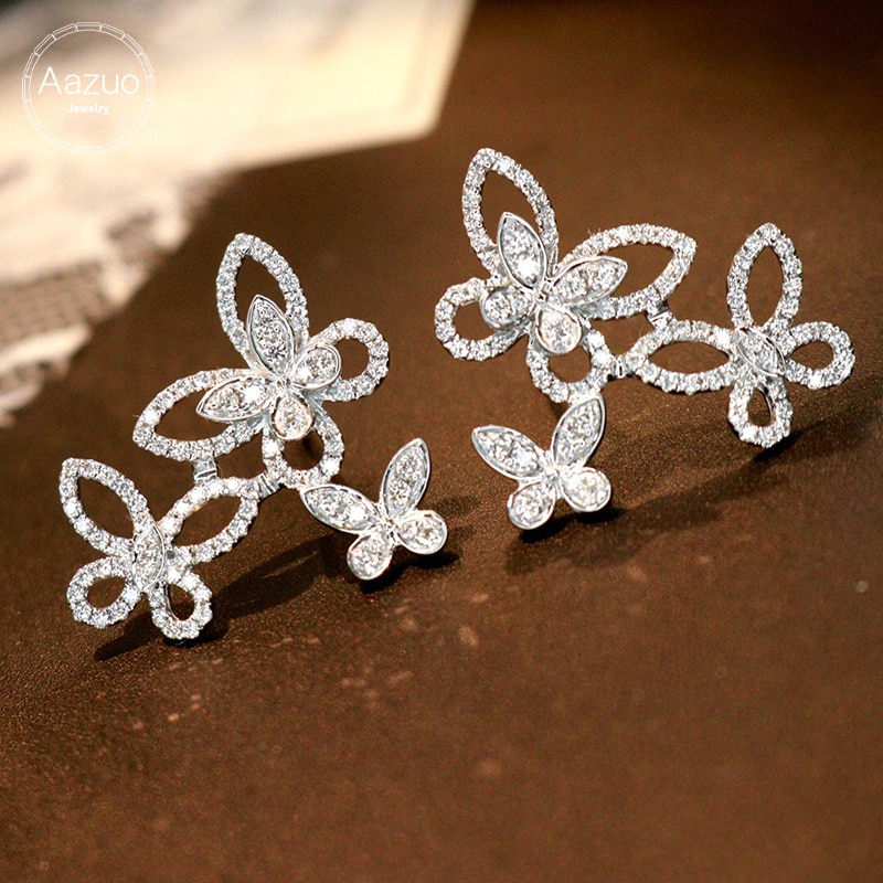 Aazuo 18K Pure White Gold Fine Jewelry Real Diamonds IJ SI 1.0ct Big Butterfly Stud Earring for Woman Luxury Party Hot Sell