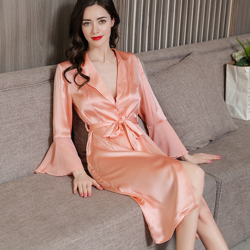 Women's Long Sleeve Silk Nightgown Spring and Summer 100% Pure Silk Sexy Pajamas Bathrobe Can Be Worn Outside