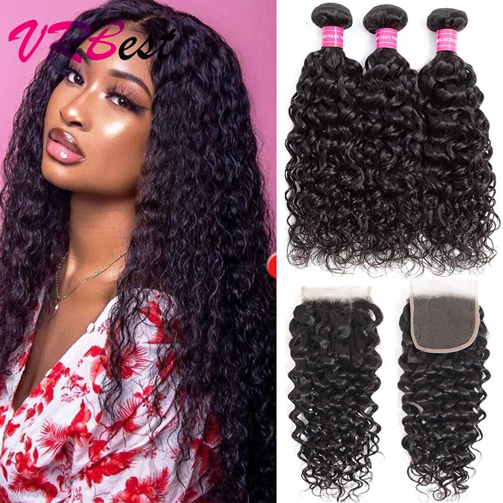 VRBest Human Hair Bundles with Closure Wet and Wavy Brazilian Water Wave 3 or 4 Bundles with Lace Closure Natural Extensions