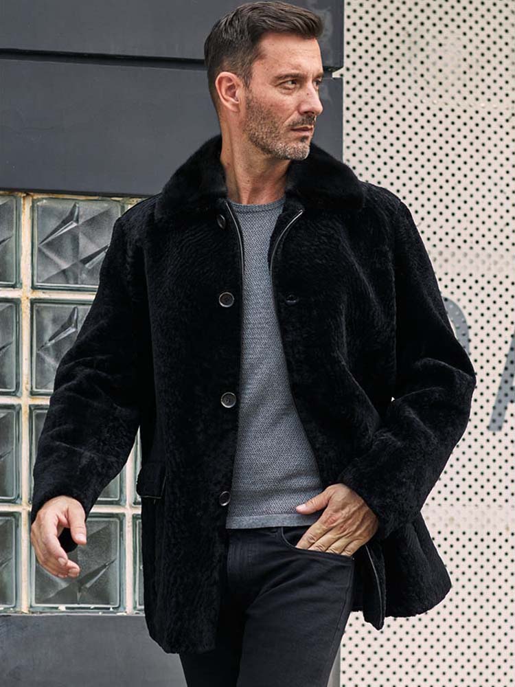 New Mens Sheepskin Shearling Jacket Long Winter Coat Black Leather Overcoat Winter Warm Fur Outwear