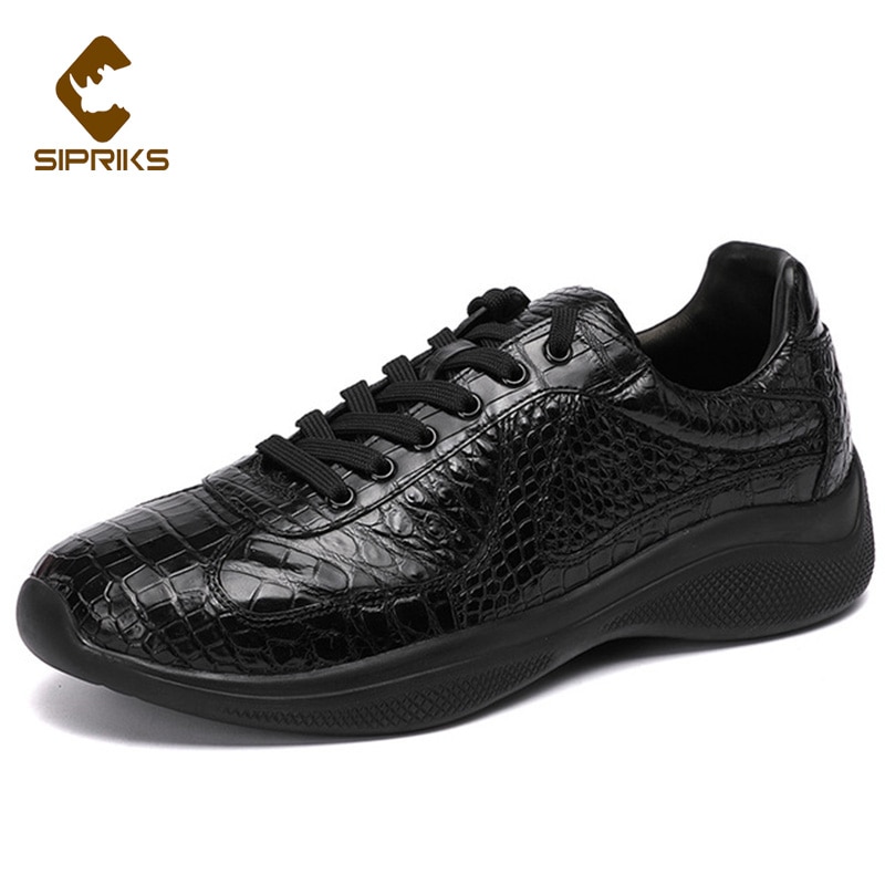 Sipriks Boy Gift Casual Sneakers Real Crocodile Skin Sport Flats Black Running Driving Shoe Billionaire comfort Everyday Leisure