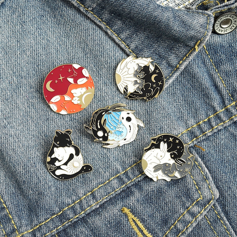 Fashion Day and Night Enamel Pins Custom Sun Moon Fox Koi Rabbit Bat Wolf Brooch Bag Clothes Lapel Badge Starry Animal Jewelry