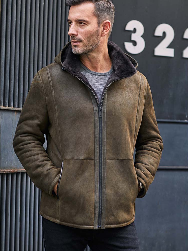 New Mens Sheepskin Shearling Jacket Removable Hooded Fur Coat Oversize Casual Overcoat Short Leather Outwear