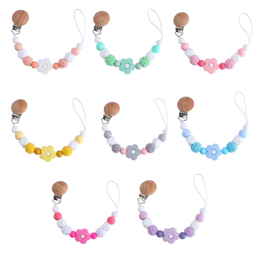 2021 New Portable Baby Pacifier Chain Wood Silicone Baby Teether Chain Anti-drop Soother Clip Teething Accessory