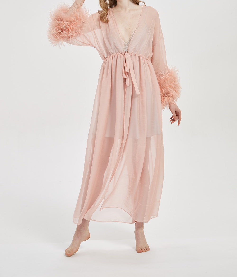 lady Dressing gown with osrich fur trimming cuffs holiday sexy furry flfuffy summer spring women 2021 fashion