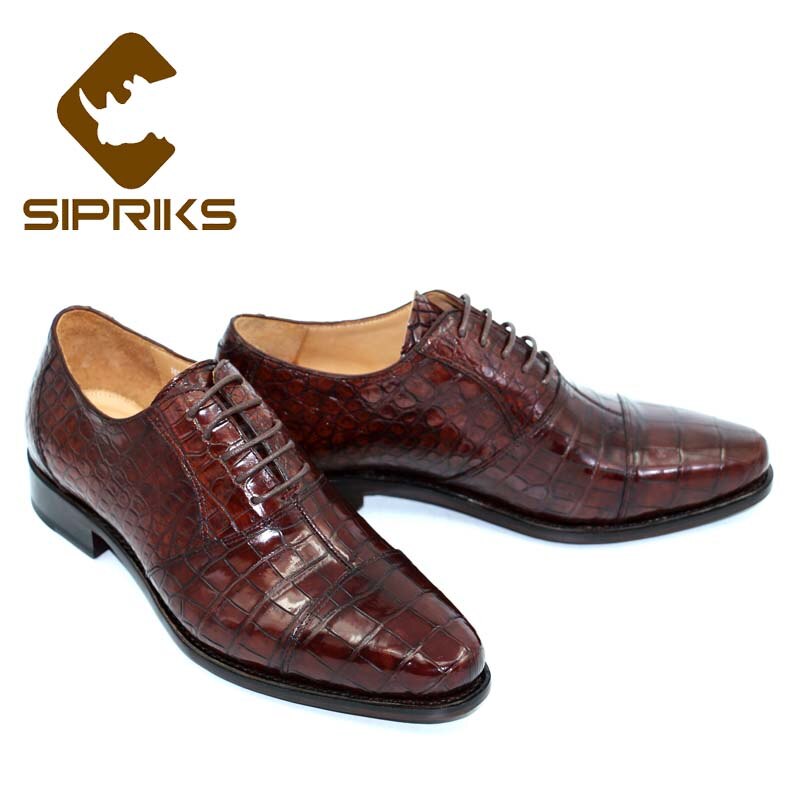 Sipriks Men's Crocodile Skin Goodyear Welt Shoes Italian Handmade Casual Oxfords Burgundy Black Formal Tuxedo Getns Suits Nabob