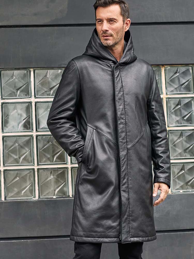 Mens Cowhide Coat Long Trench Overcoat Warm Down Jacket Black Leather Parkas Oversize Winter Outwear