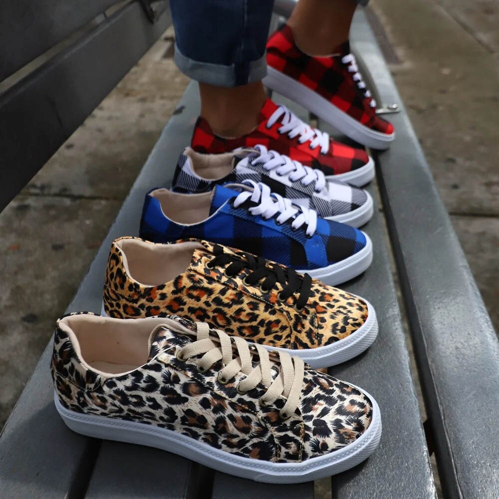 New Design Leopard Canvas Shoes Buffalo Check Canvas Shoes US6-12 Full Size to Choose From in White Red Blue DOM1061572
