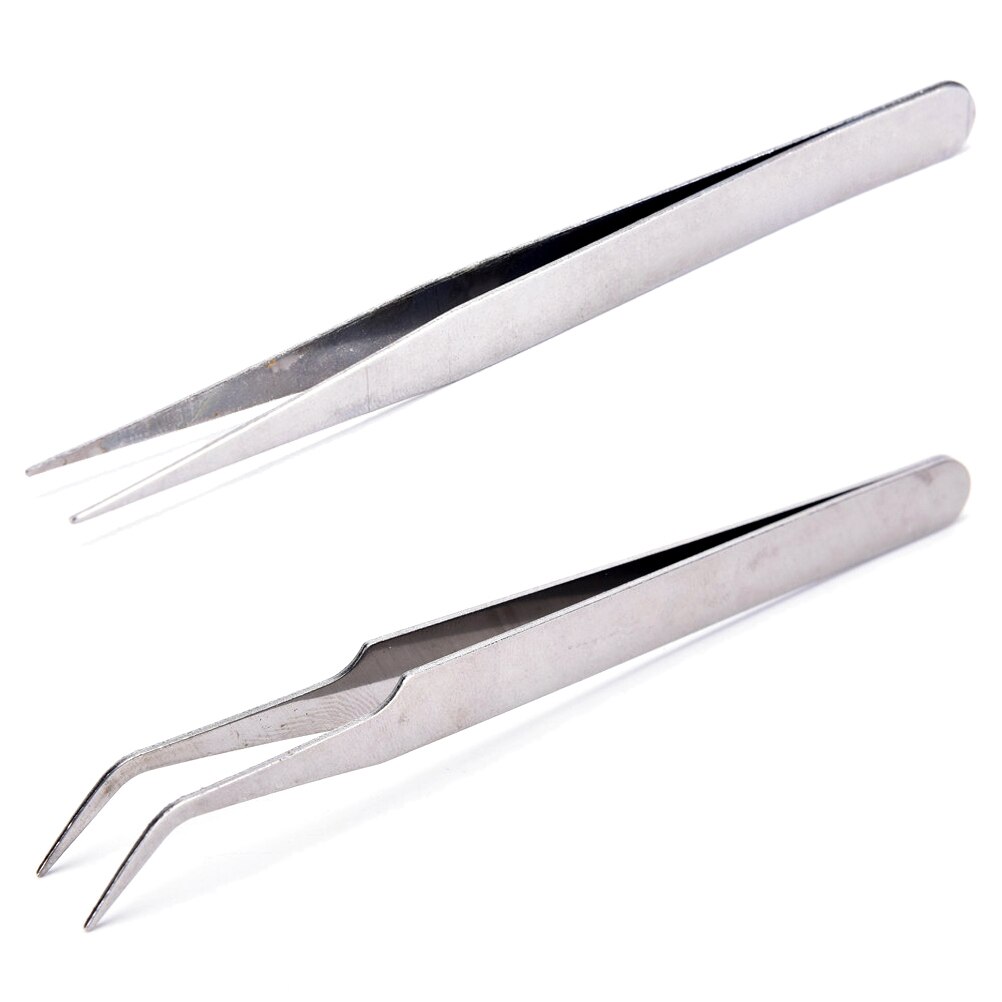 2Pcs Stainless Steel Tweezers(1Pcs Straight Head Tweezer + 1Pcs Elbow Head Tweezer)With Anti-skid Slot Nipper Forceps Nail Tools