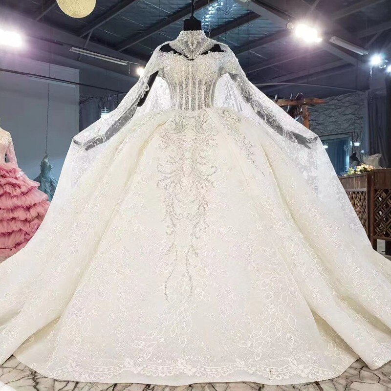 Beading Sequined Appliques Lace Necklace Shawl Long Sleeve Gorgeous Ball Gown Wedding Dress With 1.5m Picture Chapel Train