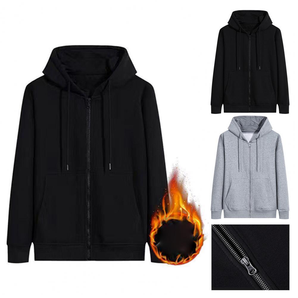 Men Autumn Winter Long Sleeve Hoodie Sweatshirt Pockets Plush Liner Warm Coat