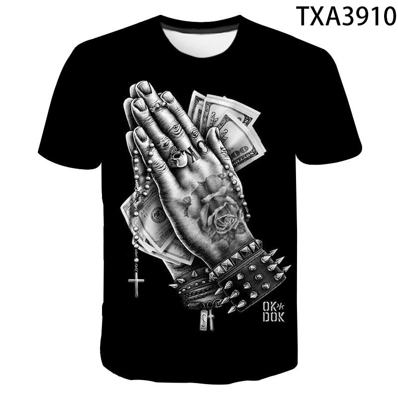 2021 Summer New Style 3D Printed Cross T-Shirt Men's Fashion Street Clothing Prayer Black Short-Sleeved Plus Size Blouse