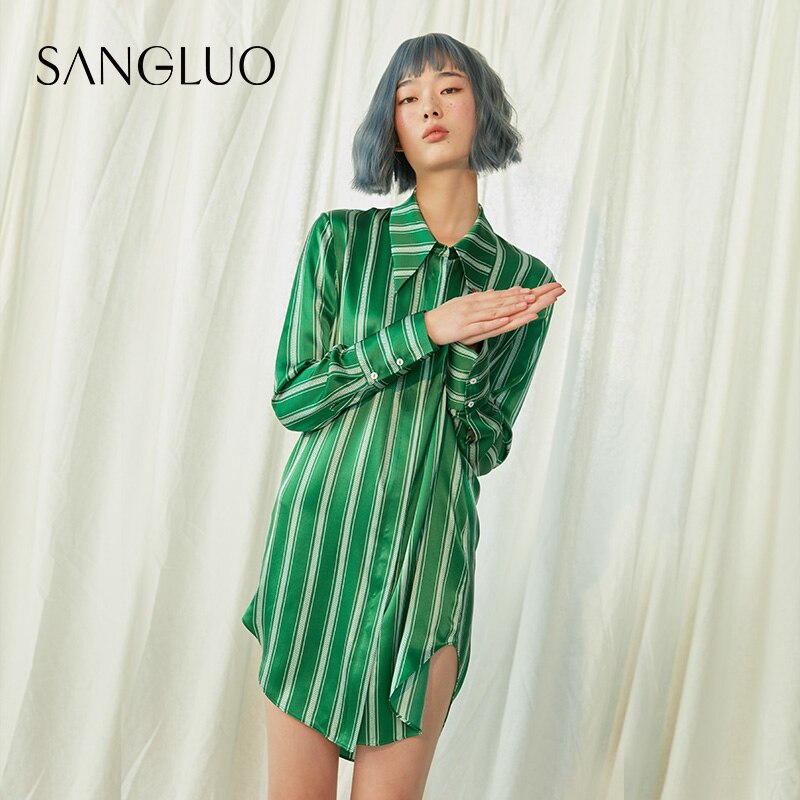 product | Oversize boyfriend wind pointed collar silk shirts nightgown SANGLUO stripes mulberry silk household to take