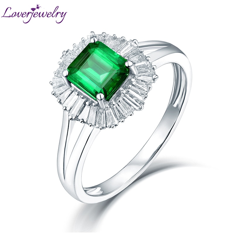 LOVERJEWELRY Women's Ring 100% Natural Green Emerald Stone G-H Diamonds Real 18Kt White Gold Rings For Engagement Fine Jewelry