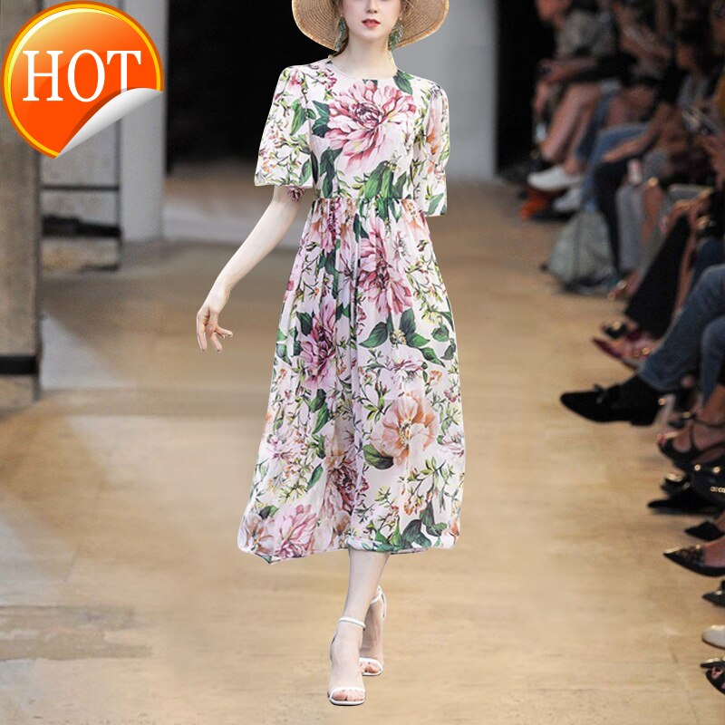women's summer new romantic peony print split short sleeve elegant temperament long skirt dress