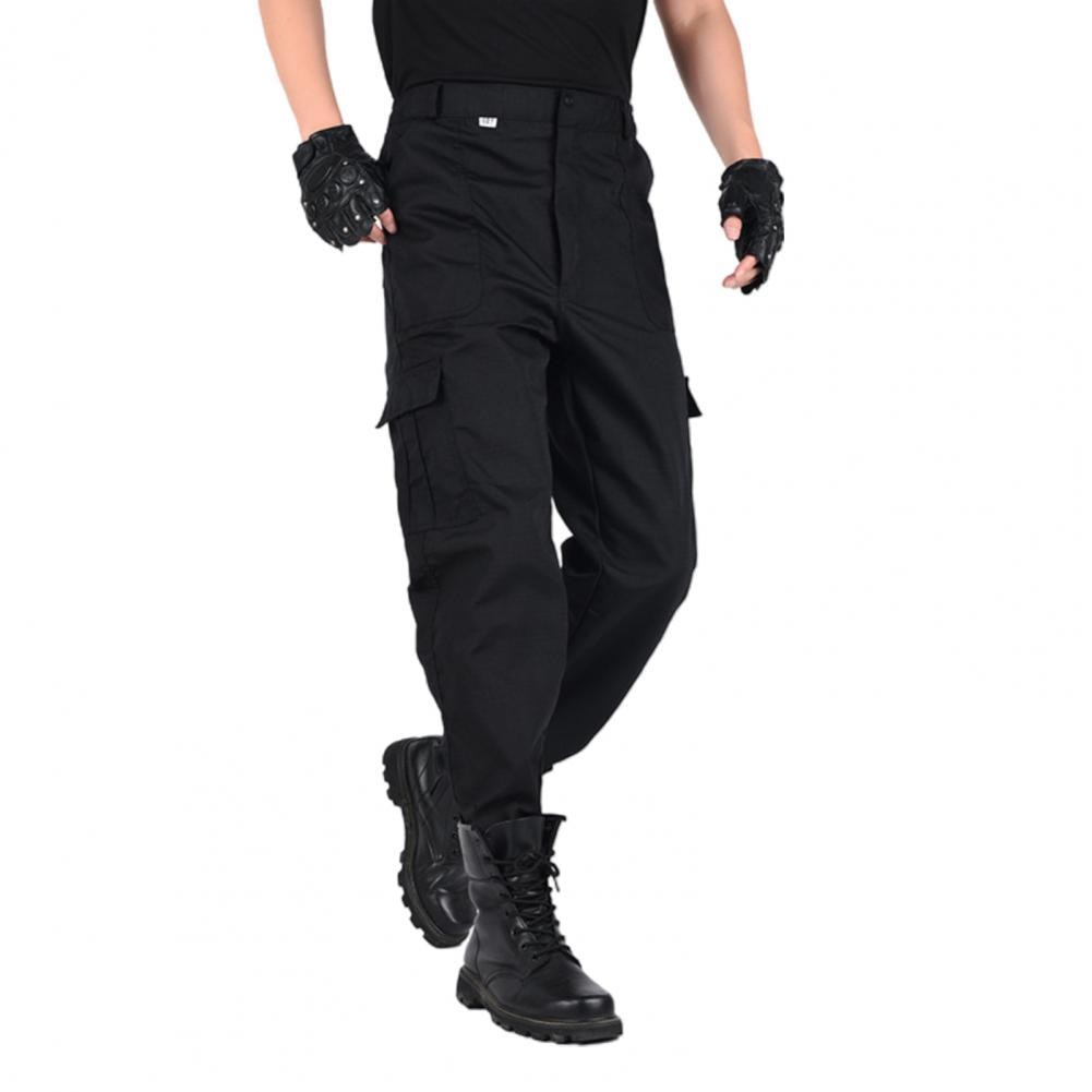 Solid Color Men Multi Pockets Training Long Cargo Pants Hiking Straight Trousers Black Men's Workwear Trousers Sports Pants 2021