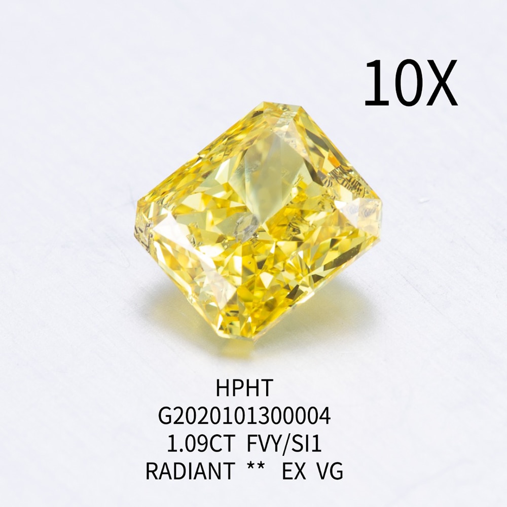 1.09ct Carat Fancy Vivid Yellow Color SI2 Clarity GEMID Certificate Radiant HPHT Lab Grown Diamond