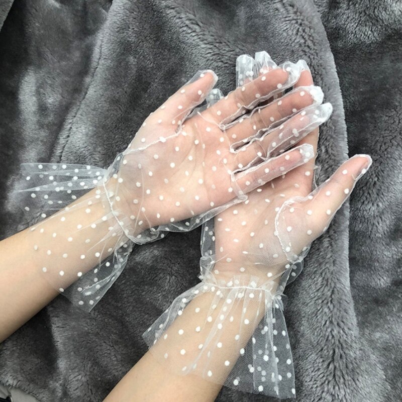 Women Short Mesh Tulle Lace Ruffled Gloves Vintage Polka Dot Pattern Elegant Sunscreen Full Finger Mittens Wedding Tea Arm