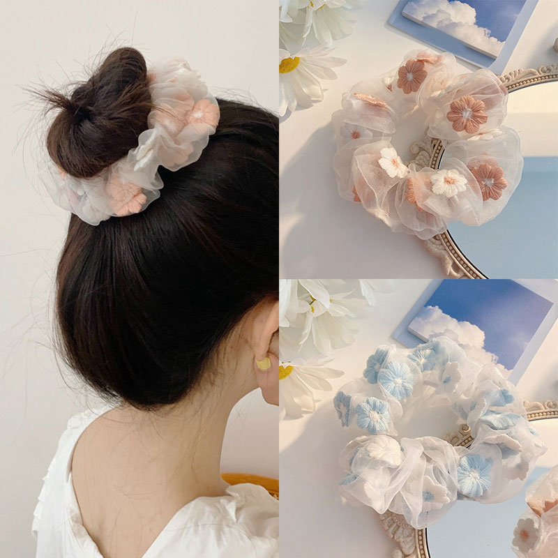 Korean Pink Blue Hair Accessories Embroidery Flowers Ponytail Transparent Tulle Mesh Scrunchies Hair Rope Organza Hair Tie