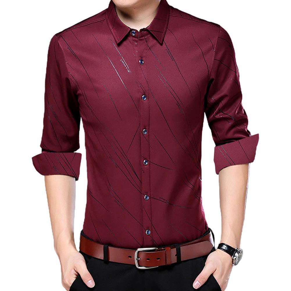 Men Shirt All-match Fashion Daily Casual Slim Long Sleeve Turn-down Collar Letters/Stripes Print Buttons Shirt Top for Business