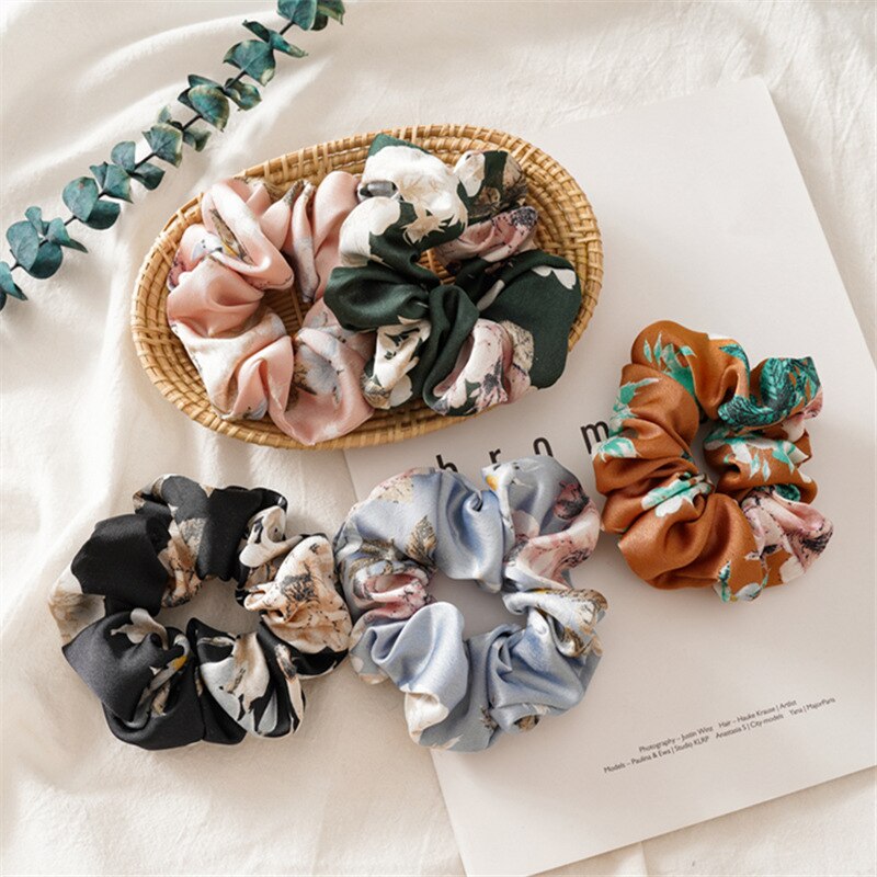 Fashion Satin Floral Print Hair Rope Rubber Bands Scrunchies Elastic Hair Band Ponytail Holder Spring Women Hair Accessories