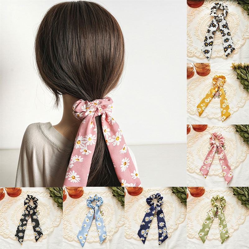 Fashion Floral Daisy Print Hair Ties Scrunchies Long Ribbon Elastic Hair Band Knotted Ponytail Streamers Hair Accessories