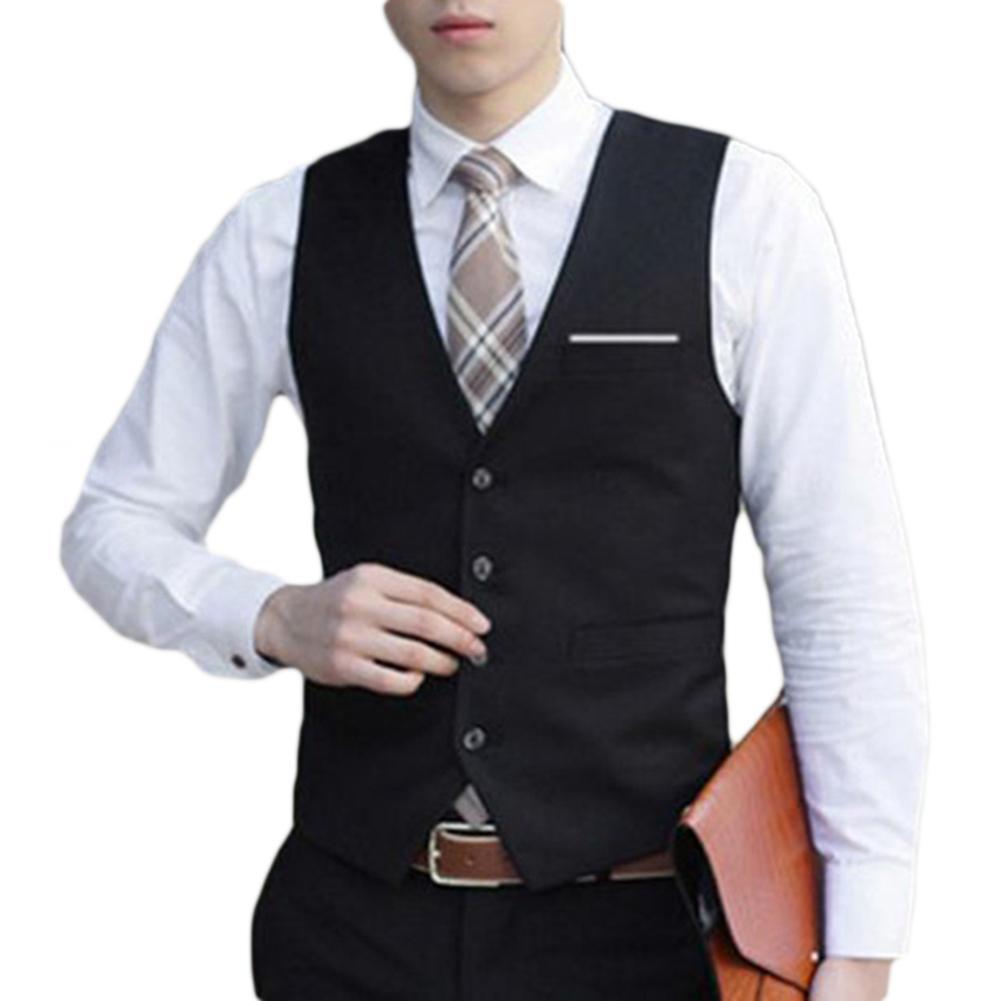 Business Men 4 Buttons V-Neck Sleeveless Waistcoat Fit Slim Working Wedding Vest