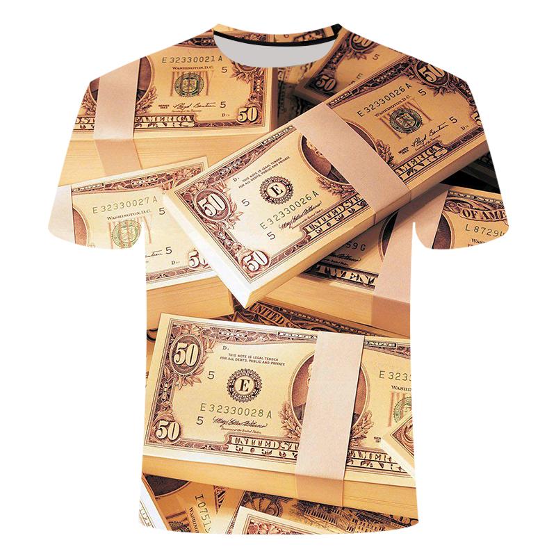 2021 new 3D printed banknote dollar T-shirt men's summer casual short-sleeved 3D T-shirt top