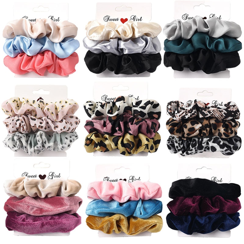 3PCS Vintage Velvet Scrunchie Leopard Scrunchies Set Elastic Hair Bands Headband Ponytail Holder Ties Rope Hair Accessories Gift