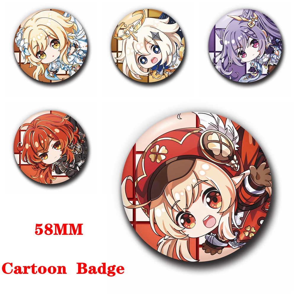 Anime Badge Hot Game Genshin Impact Cosplay Diy Accessories 58MM Metal Brooch Project Klee Diluc Keqing Paimon Lumine Halloween