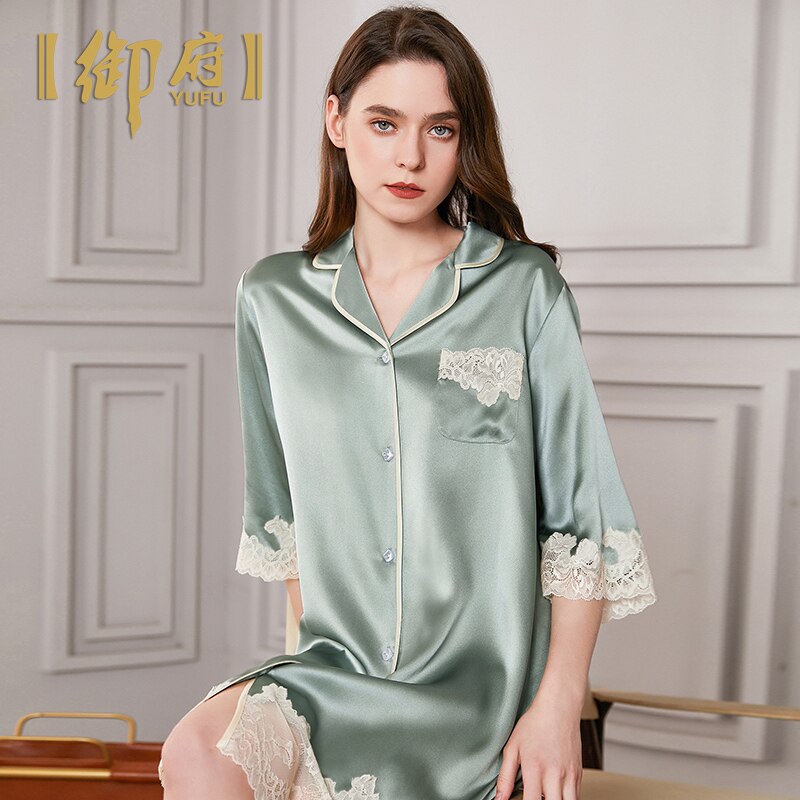 of 7 minutes of sleeve shirt type 100% silk nightgown green mulberry silk pajamas autumn blockbuster silk pajamas