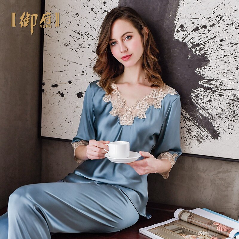 Yufu silk pajamas women's two piece suit lace Hangzhou spring and autumn silk home wear 100% mulberry silk pajamas