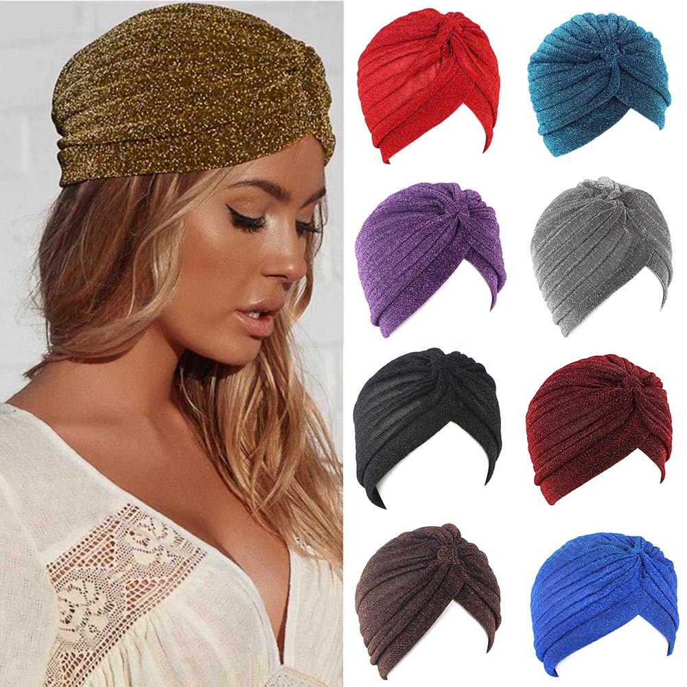 Shiny Bling Gold Silk Twist Knotted Headband Turban Cap Warm Headwear Casual Indian Hat For Women Girl Hair Accessories