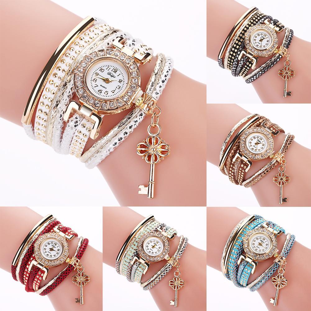 2021 Fashion Women Key Pendant Multi-Layer Rivets Band Arabic Numerals Quartz Bracelet Wrist Watch Girls Gifts