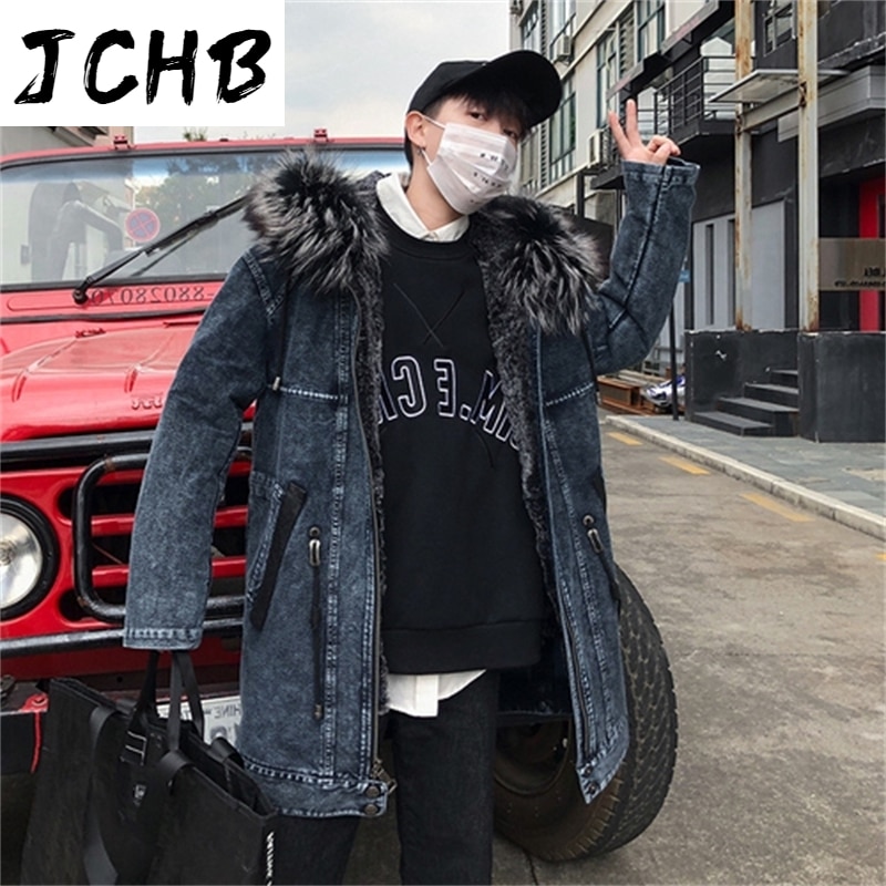 Winter JCHB Jacket Men Parka Real Rex Rabbit Fur Coat Fox Fur Collar Long Denim Jackets New Blouson Homme Hiver 85859 KJ1555